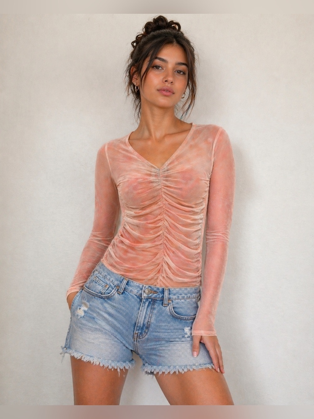 Iris Sheer Mesh Ruched Bodysuit Peach Pink Long Sleeve Y2K  M (read description)